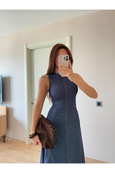 FMN Butik bele oturan denim midi boy marka muadil kot pinterest yazlık şık tasarım dikişli elbise
