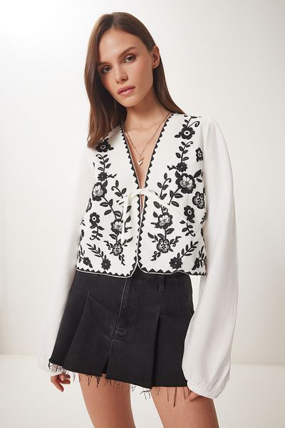 Lovelyİstanbul Bluză din in cu șireturi cu broderie florală ECRU LES0019