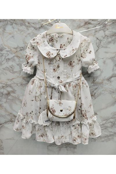XORVİO Rochie pentru fetiță, crem, cu model de flori, cu curea, cu nasturi, cu mânecă scurtă, cu fermoar, cu guler pentru păpuși, rochie din șifon