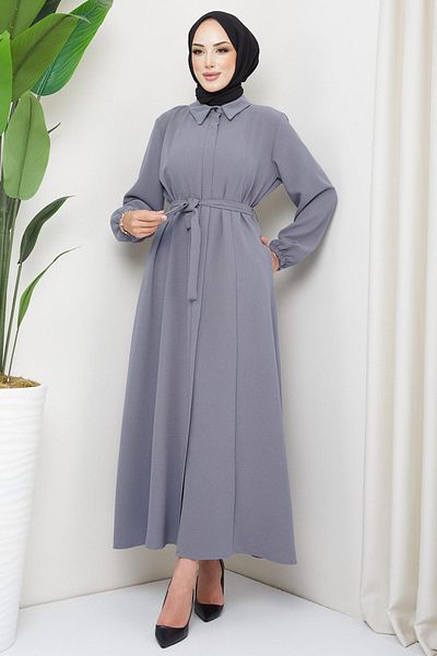 hafsamina Shirt Collar Belted Abaya Gray HM2253