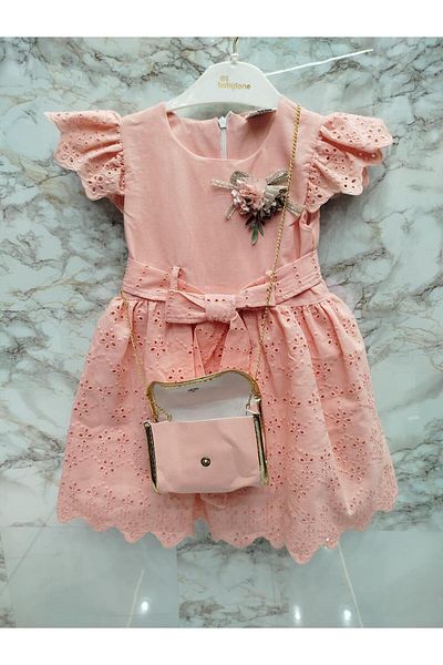 XORVİO Girl's Salmon Flower Pattern Belted Buttoned Dress Short Sleeve Linen Dress with Enseam Zipper Bag