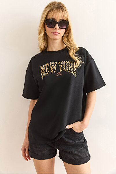 Olalook Γυναικείο μπλουζάκι με μαύρο λεοπάρ New York με 2 κλωστές άνετο μπλουζάκι TSH-19000849