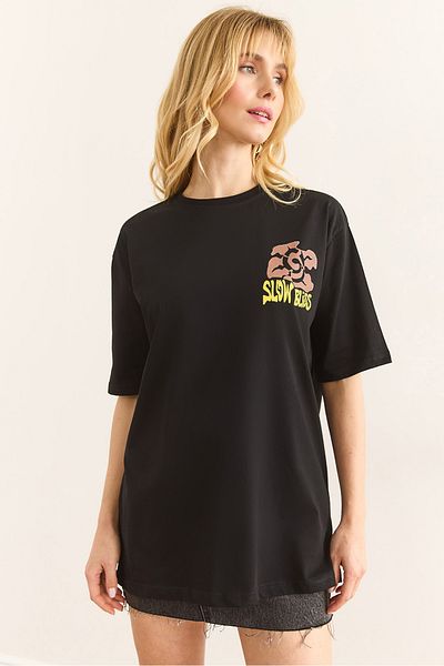 Olalook Women's Black Slow Bliss Front Back Printed Cotton T-Shirt Tsh-19000896