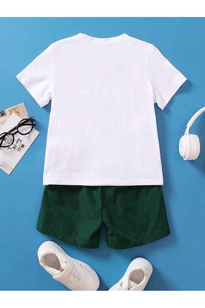 DUBU BUTİK Vintage Crew Neck Kids Set - White T-shirt and Nefti Shorts