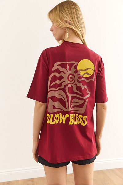 Olalook Tricou din bumbac imprimat în față și spate pentru femei Burgundy Slow Bliss TSH-19000896