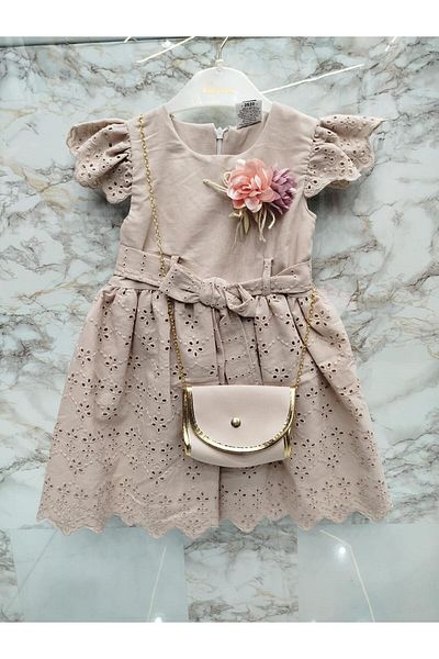 XORVİO Rochie cu nasturi cu curea cu model de flori pentru fete Rochie din in cu mâneci scurte cu fermoar la spate