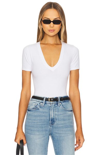 zaccana z Women's White V Neck Double Layer Short Sleeve Bodysuit