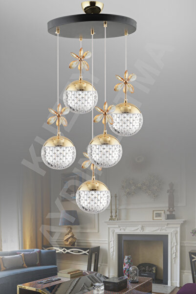 KUZEY AYDINLATMA Roma 5 Li Siyah Kumandalı 3 Renkli Ledli Sarkıt Avize