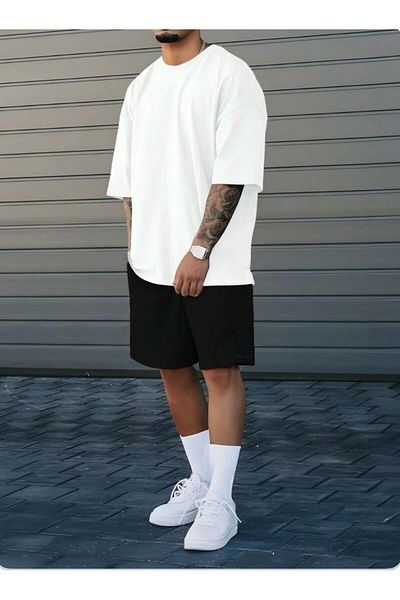 woonkey Men's Oversized Cycling Collar Comfortable Fit Tee Shorts Set of 2
