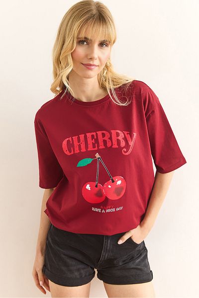 Olalook Tricou de damă din bumbac cu imprimeu burgundy cireș TSH-19000895