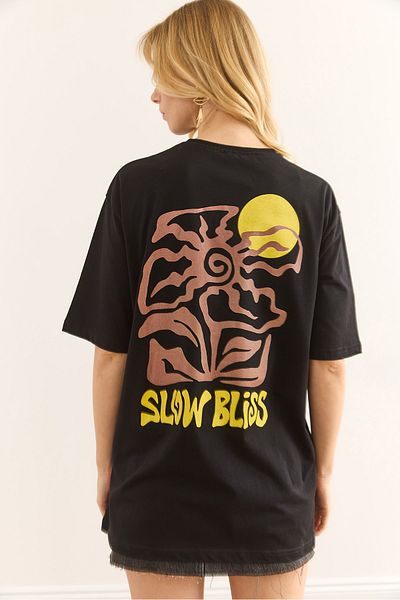 Olalook Women's Black Slow Bliss Front Back Printed Cotton T-Shirt Tsh-19000896