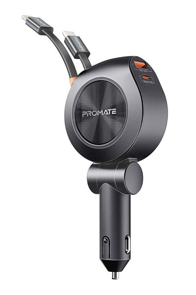 Promate 4 in 1 Multi-Port Car Charger 88W with Built-in Retractable USB-C and Lightning Cables