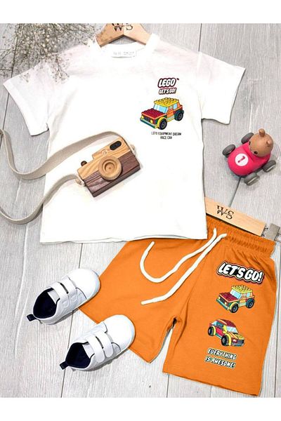 Marka Sensin Kids Boys' Car Printed T-Shirt Car Printed Shorts 2-Piece Set