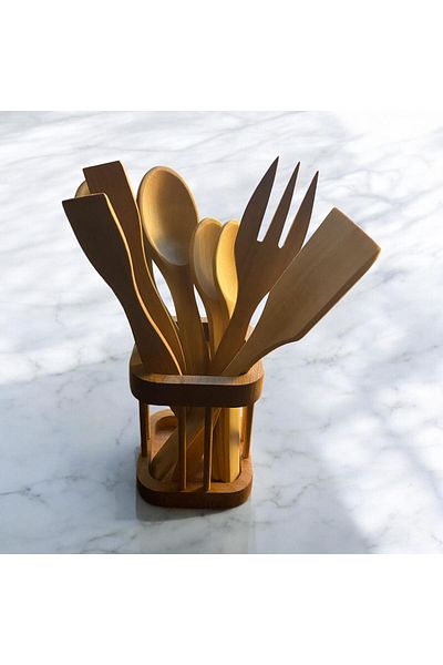 YTA collection Yta Wooden Spoon Set – 8 Pieces, Natural Beaamber Wood with Stand