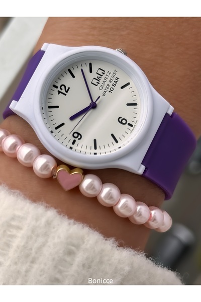 Q&Q Marka Havuz Deniz Kullanımına Uygun Mor Silikon Kordon Kız Çocuk Kol Saati Bileklik Hediyeli