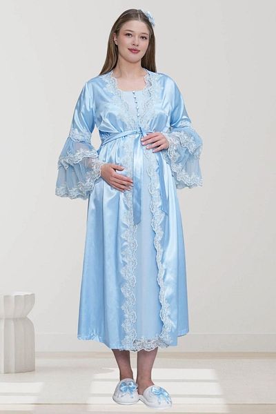Mecit Pijama Women's Maternity Maternity Set of 4 Lace Detailed Satin Dressing Gown + Short Sleeve Nightgown + Long Sleeve Pajamas Tk