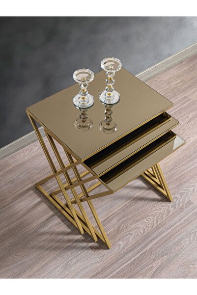 Mobievim Venedik Bronz Aynalı Zigon Sehpa 3’lü Set – Gold Metal Ayaklı Modern Tasarım