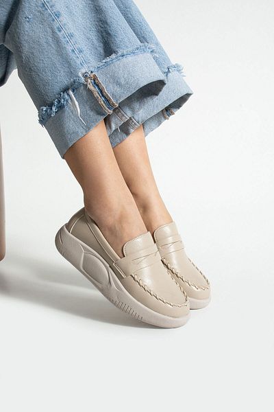 Getcho Mocasini de damă, bej, cu talpă groasă, cu cusături, pantofi sport casual, model confortabil