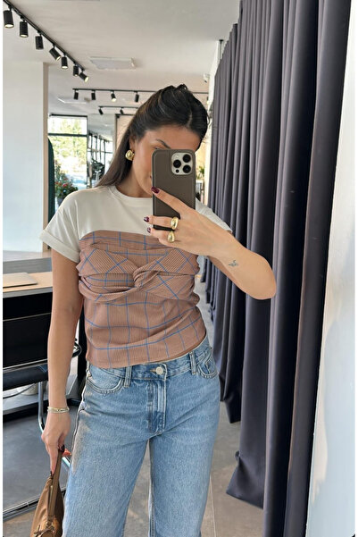 Büşra Ayhan Ecru Brown Checked Blouse with Gathered Front