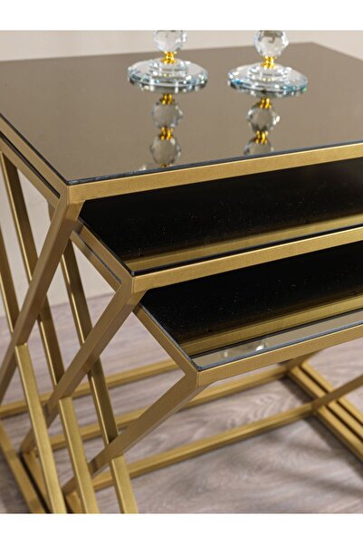 Mobievim Venedik Bronz Aynalı Zigon Sehpa 3’lü Set – Gold Metal Ayaklı Modern Tasarım