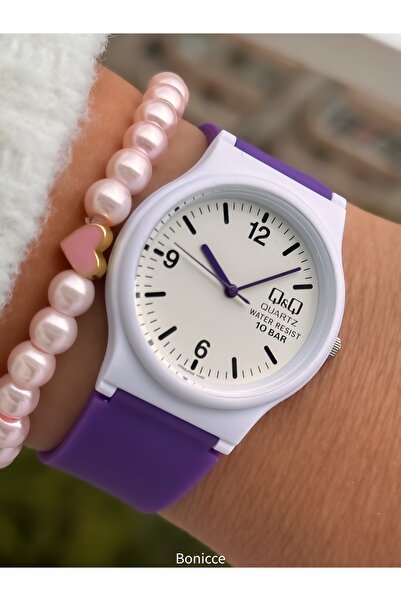 Q&Q Marka Havuz Deniz Kullanımına Uygun Mor Silikon Kordon Kız Çocuk Kol Saati Bileklik Hediyeli