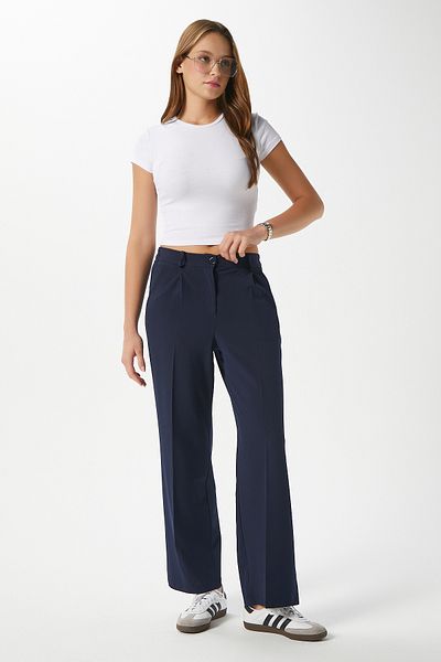 Ritnice Women's City Elastic Waist Poly Viscose Navy Blue Woven Trousers