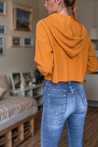 bacc Women's Mustard Self-Textured Zippered Hooded Crop Sweatshirt Bcbsk-25700-3322