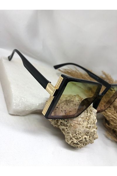 TD TRENDDURAGI Mond Rectangular Gold Detail Green Pink Glass Women's Sunglasses