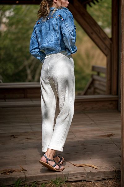bacc Women's Ecru Self-Textured Elastic Waist Pocket Trousers Bcbsk-25700-3273