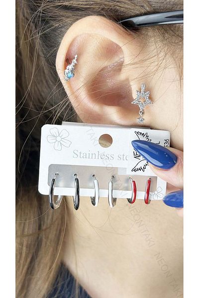 Neon Takı by Atalay Receptivity Tag - Multiple Earrings - Multi Color - Hoop Model - Stainless Steel 536 - Case Silver Color