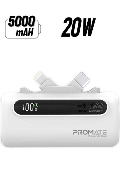 Promate PowerUp-Duo Mini Power Bank with Foldable USB-C and Lightning Connectors