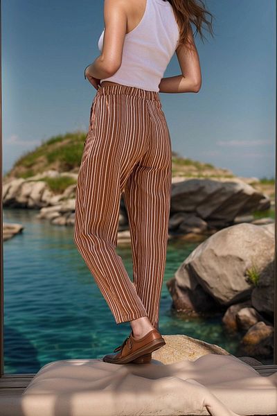 bacc Women's Brown Double Leg Striped Textured Trousers Bcbsk-25700-3277