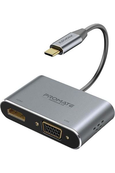 Promate USB-C to VGA and HDMI Adapter, 4K Ultra HD Aluminum Hub