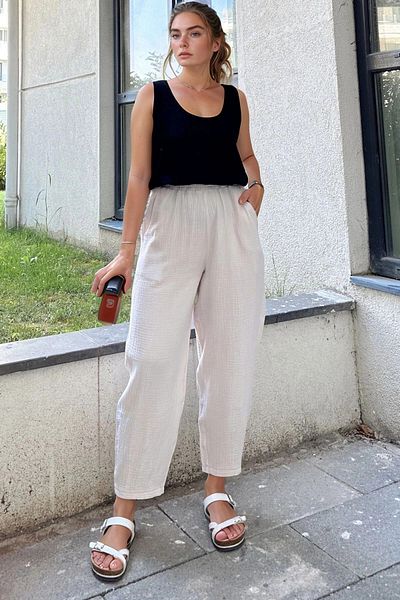 bacc Women's Stone Muslin Elastic Waist Pocket Casual Trousers Bcbsk-25700-3416