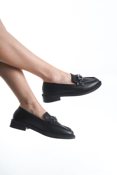 ZOLESSA Жіночі чорні лофери зі срібною пряжкою Класичні шкіряні черевики Повсякденне взуття, стильне та зручне