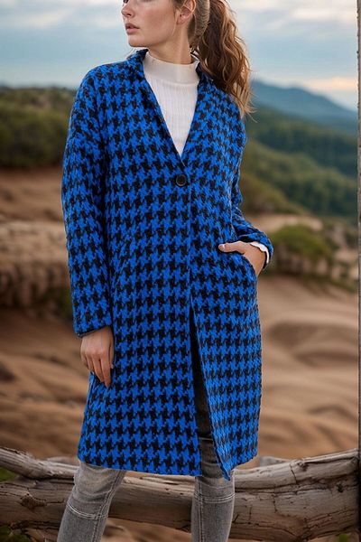 bacc Women's Blue Lined Houndstooth Patterned Oversize Buttoned Coat with Pockets Bcbsk-25700-3299