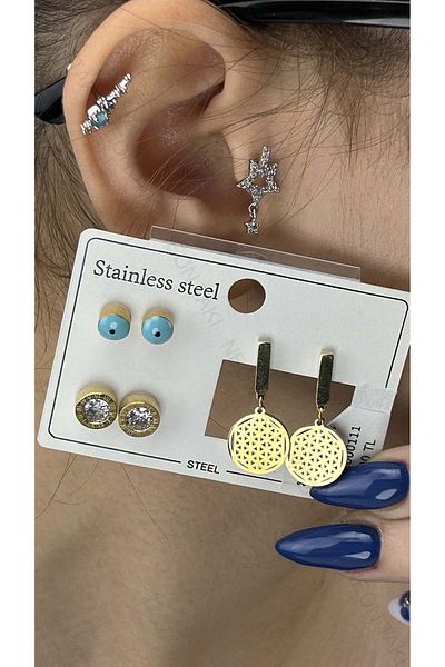 Neon Takı by Atalay Tag: Sensibility + Multiple Earrings + Eye + Zircon + Tree of Life + Stainless + Gold Color