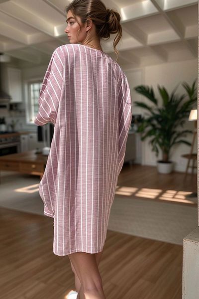 bacc Rochie largi pentru femei, burgundă, cu decolteu în V, cu dungi asimetrice, cu buzunare Bcbsk-25700-3340