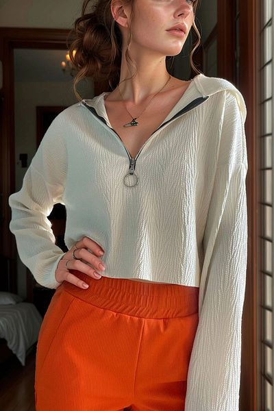bacc Women's Ecru Self-Textured Zippered Hooded Crop Sweatshirt Bcbsk-25700-3322