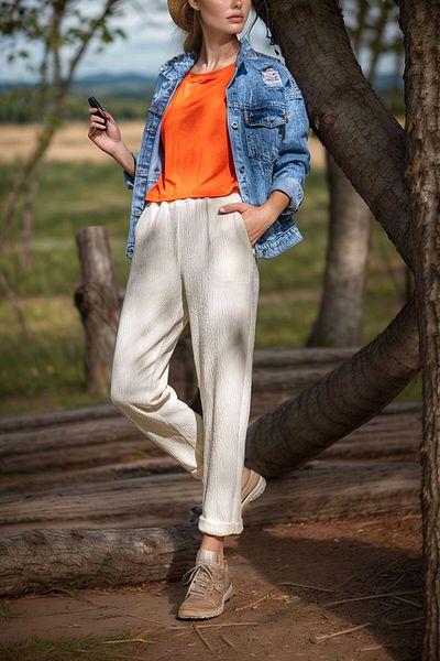 bacc Women's Ecru Self-Textured Elastic Waist Pocket Trousers Bcbsk-25700-3273