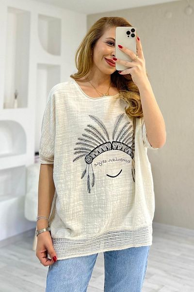 AYASOFYA OTANTIK Γυναικεία μπεζ στρογγυλή λαιμόκοψη Κέντημα Κορίτσια με κοντό μανίκι Oversize Casual λινό μπλούζα