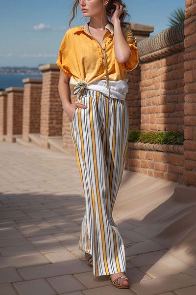 bacc Women's Mustard Elastic Waist Pocket Striped Loose Linen Trousers Bcbsk-25700-3258