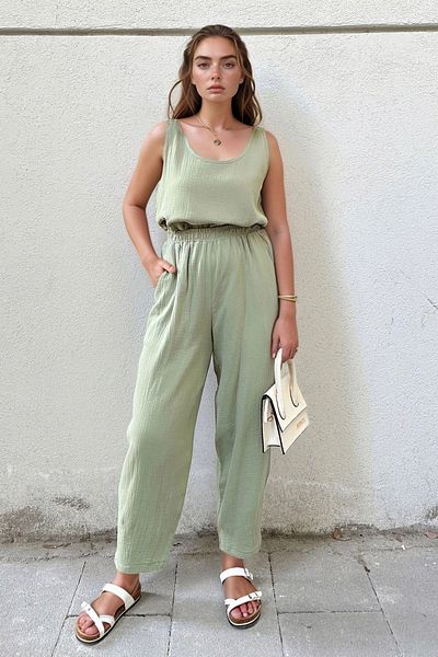 bacc Women's Khaki Muslin Elastic Waist Pocket Casual Trousers Bcbsk-25700-3416
