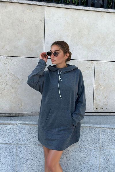 bacc Women's Anthracite Hooded Kangaroo Pocket Long Loose Sweatshirt Bcbsk-25700-3476