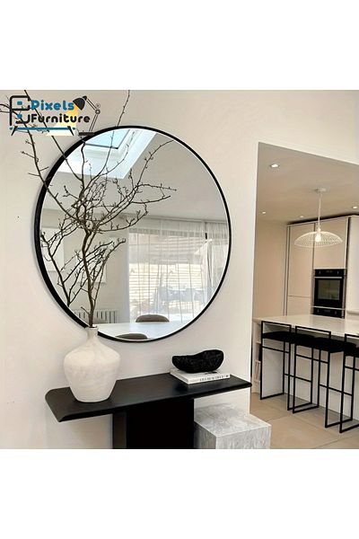 PixelsFurniture Pixel Furniture Shatterproof Round Wall Mirror with Aluminum Metal Frame, Black 70cm