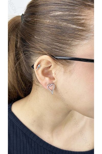 Neon Takı by Atalay Hollow Heart Vip Earrings with Sentiment Tag and Zircon Stone 599, Silver Color