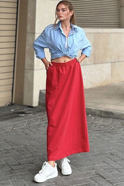 bacc Women's Red High Waist Elastic Waist Long Skirt Bcbsk-25700-3503