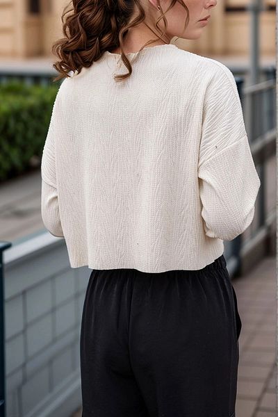 bacc Women's Ecru Self-Textured Pocketed Crop Casual Sweatshirt Bcbsk-25700-3321