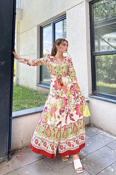 bacc Rochie de damă portocalie cu model cu talie lejeră cu curea Bcbsk-25700-3439