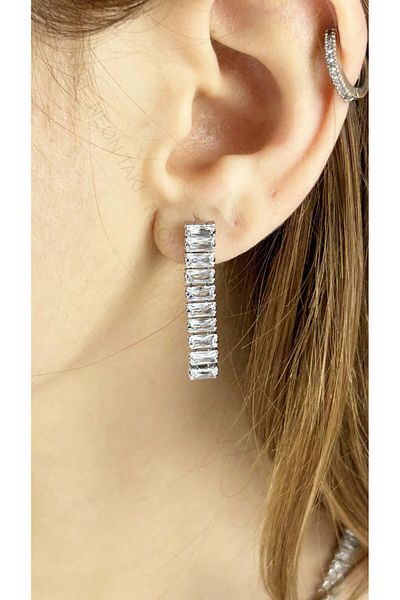 Neon Takı by Atalay Sensitivity Tag and Waterway, Zircon Stone, Stainless Steel Earrings 28, Silver Color